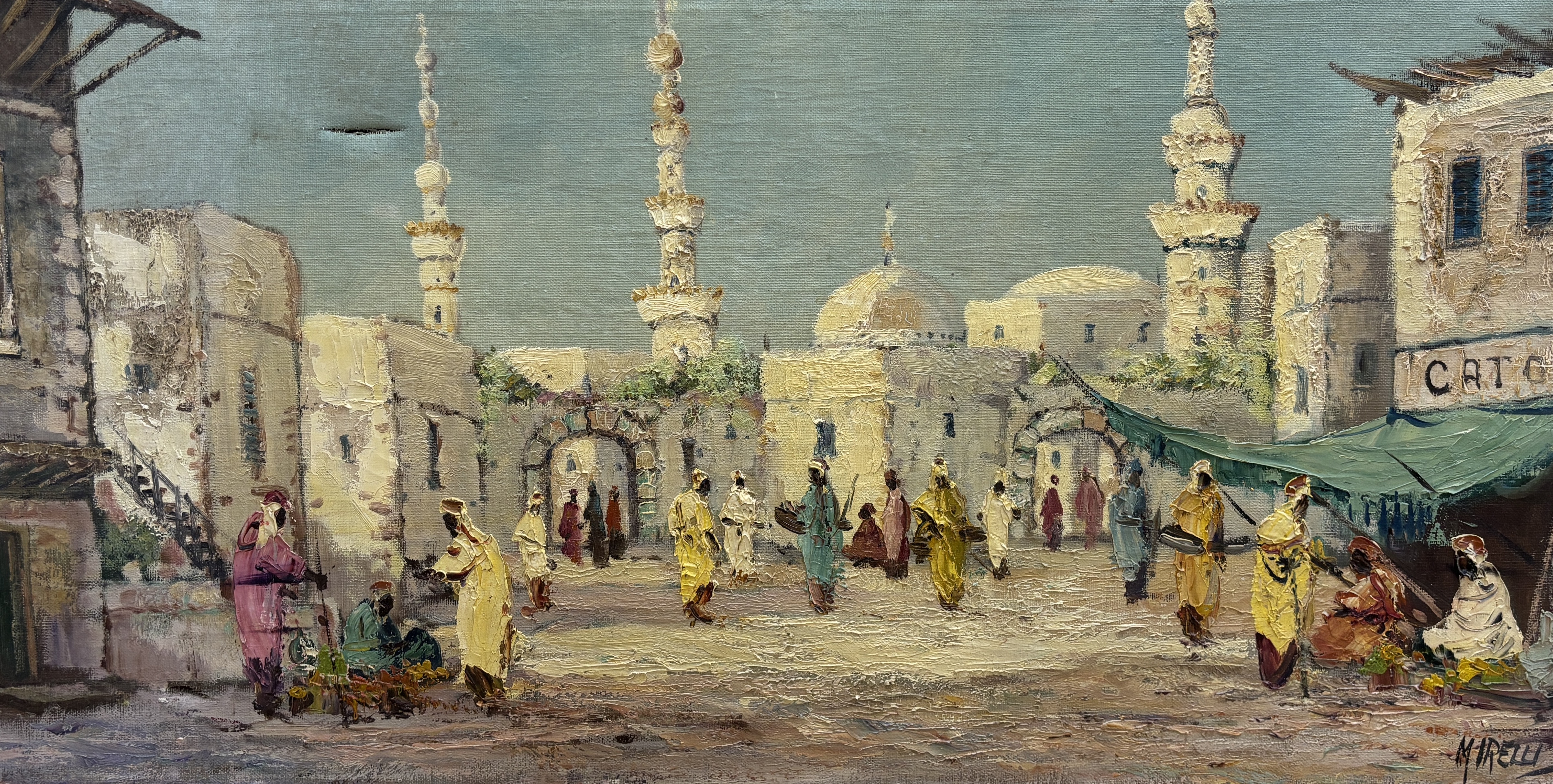 Mirelli, Orientalist style impasto oil on canvas, Market scene with figures, signed, 40 x 80cm, unframed